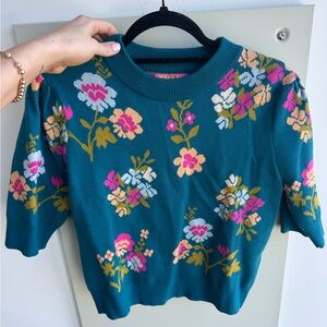 THML Teal Floral Short Sleeve Sweater with Pink, White & Yellow Blooms